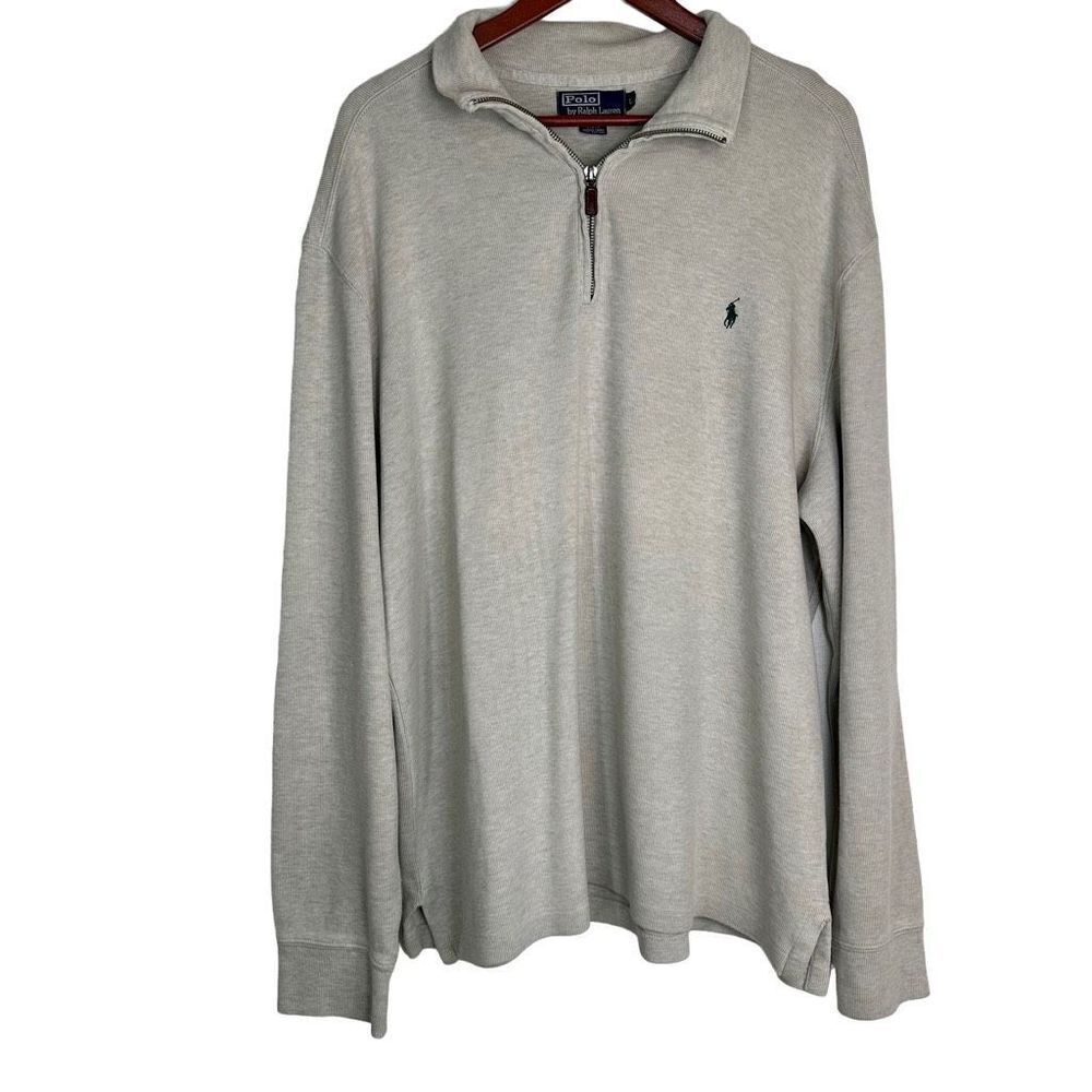 Vintage 90s Polo Ralph Lauren Beige Classic Pullover Sweatshirt 1/4th Zip Large - Picture 1 of 10